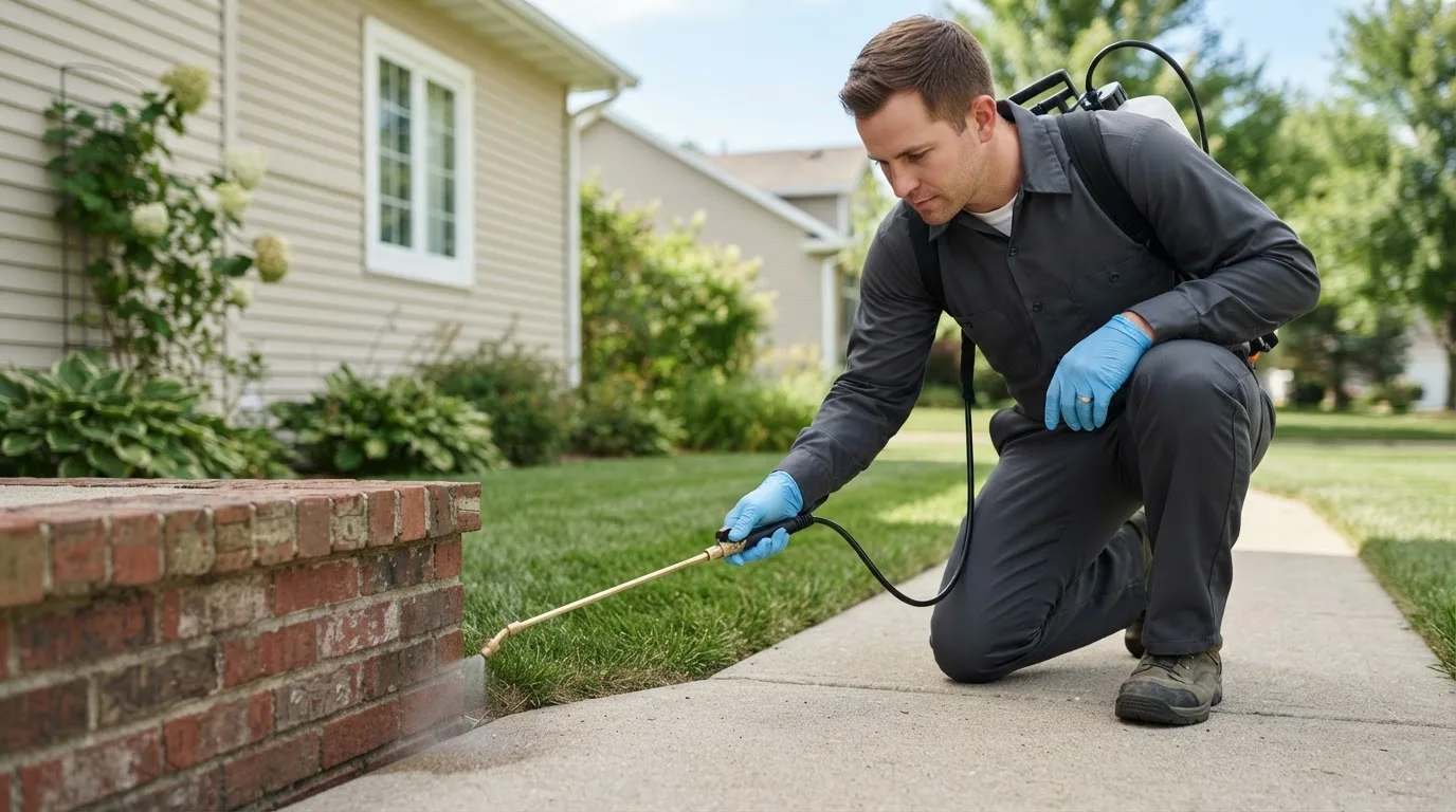 Pest control technician treating a home near Argyle, MN